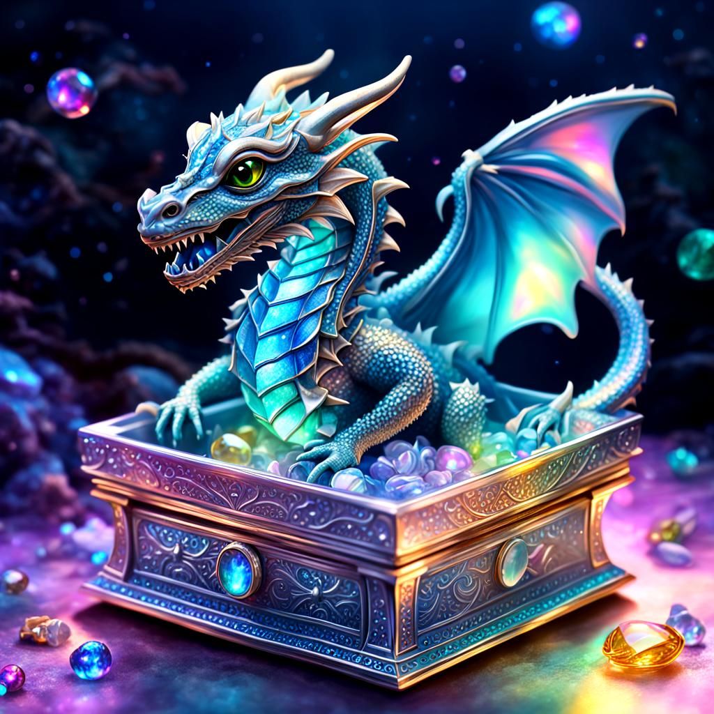 baby dragon sitting in a sliver jewelry box overflowing with glowing glass jewelry