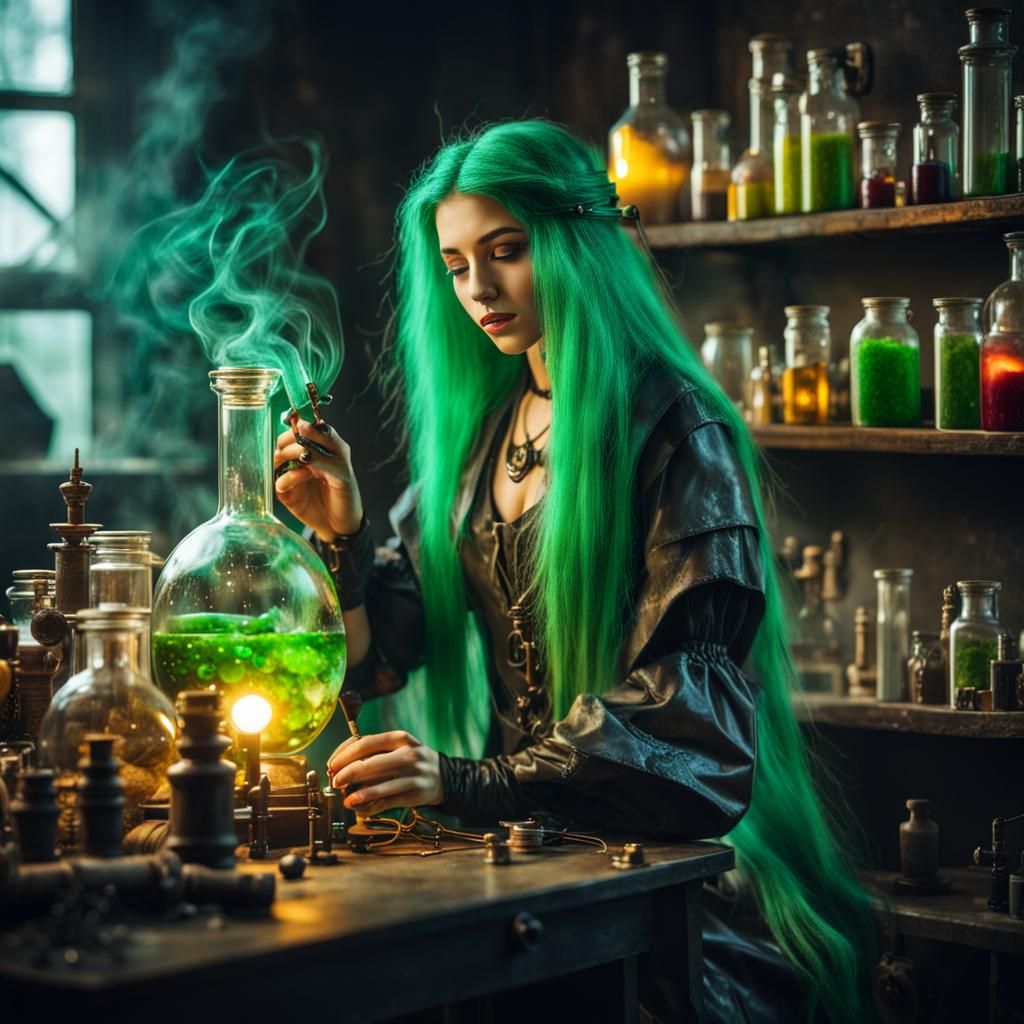 Cyberpunk Alchemist Girl Making Magical Potions