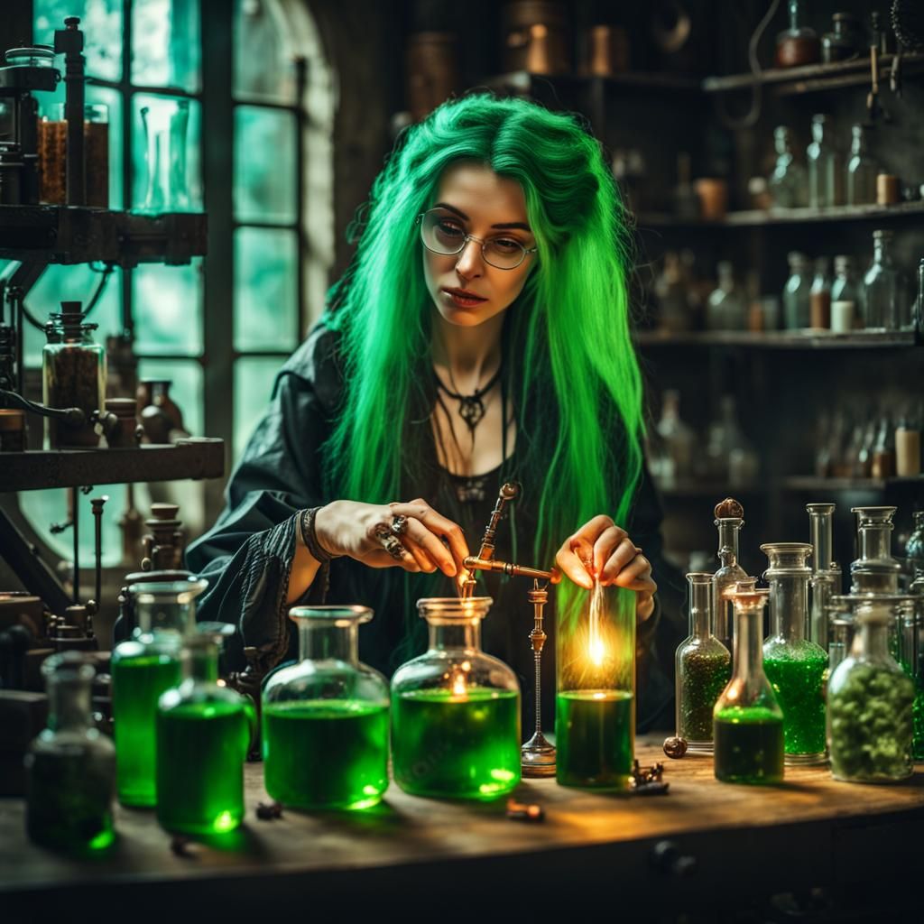 Cyberpunk Alchemist Girl Making Magical Potions