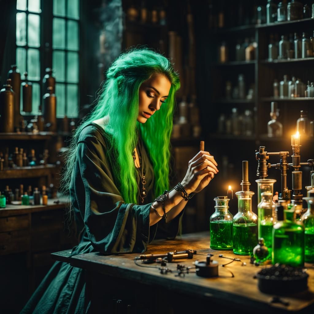 Enchanting Cyberpunk Alchemist Girl Making Potions