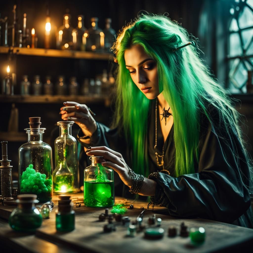 Enchanting Cyberpunk Alchemist Girl Making Potions