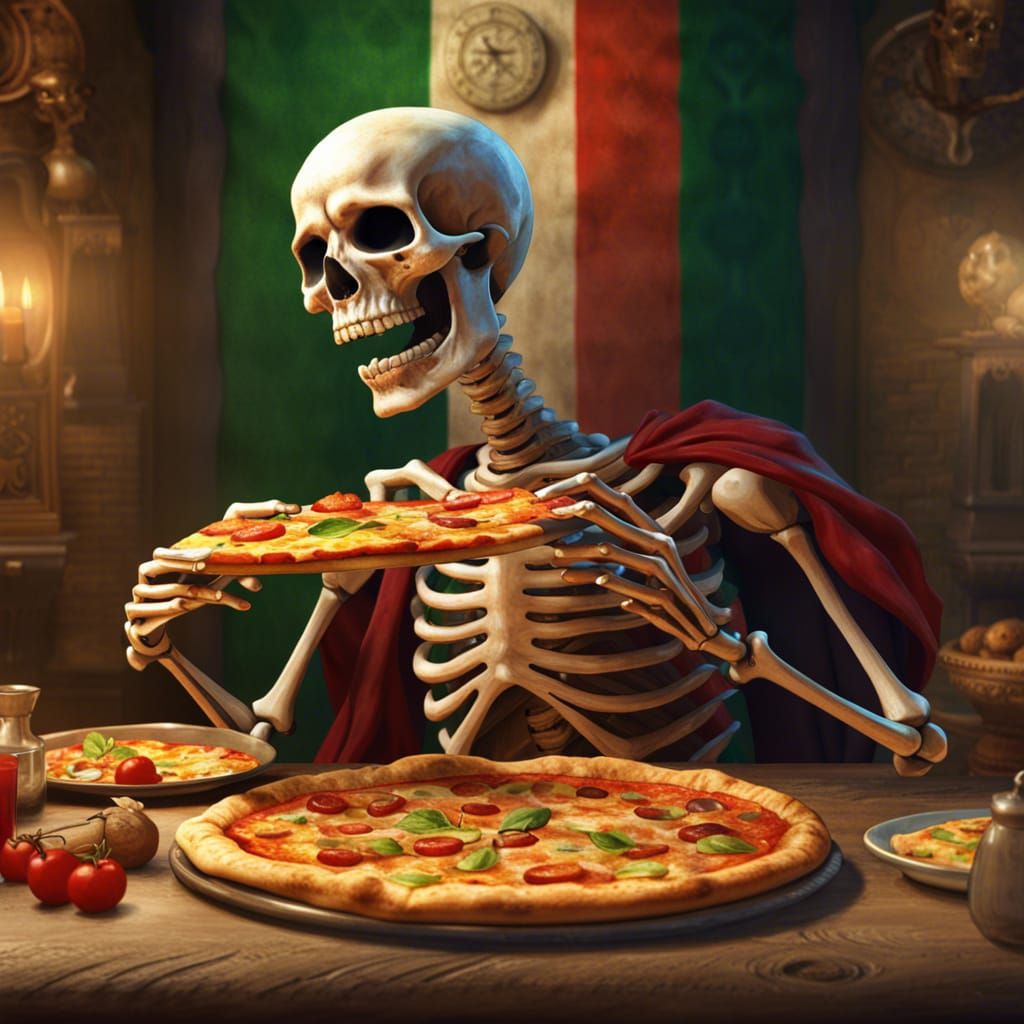 Happy Skeleton Enjoys Pizza in Italian Pizzeria
