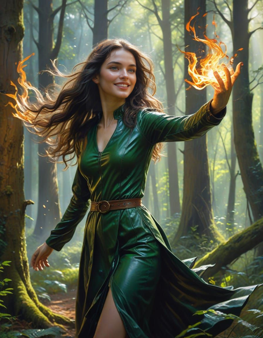 Ethereal Fantasy Maiden with Fiery Dance in Ancient Forest