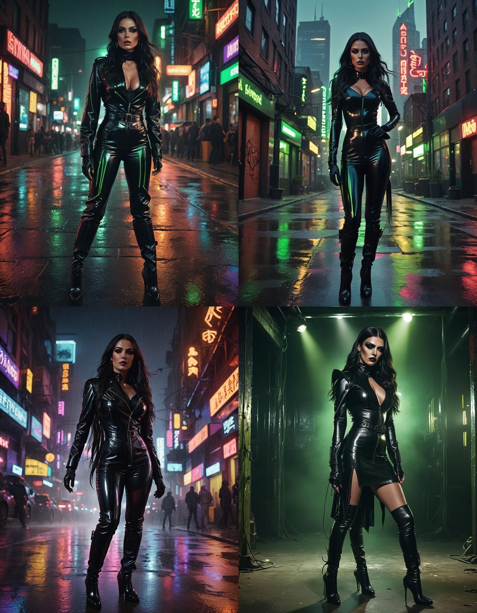 Confident Woman in Latex Outfit with Neon Lights