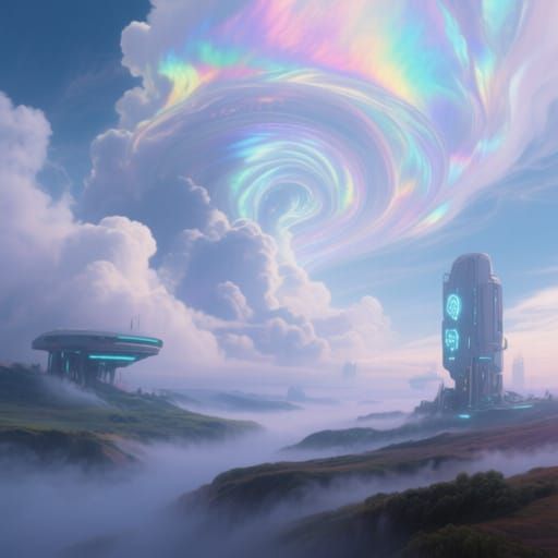 Surreal Iridescent Mist Landscape in Sci-Fi Style