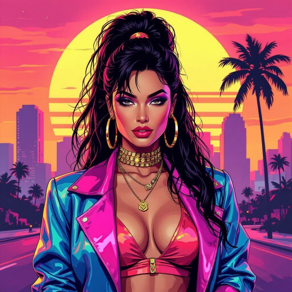 Stylish 80s Woman in Neon Cityscape