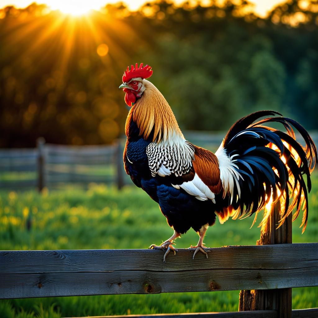 Hyperrealistic Rooster Crowing at Sunrise in Barnyard