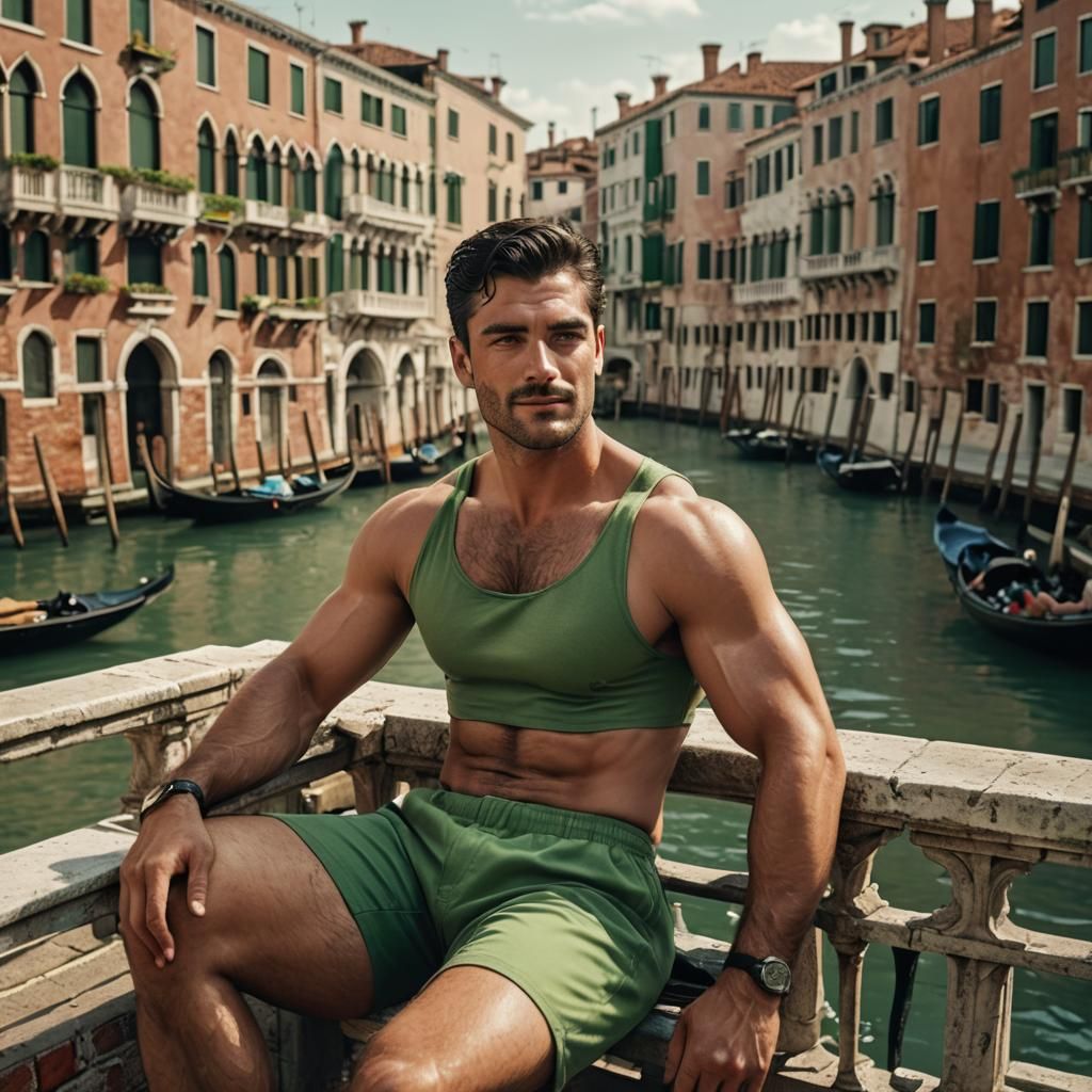 Muscular Man Overlooking Venice Canals: Cinematic Film Still