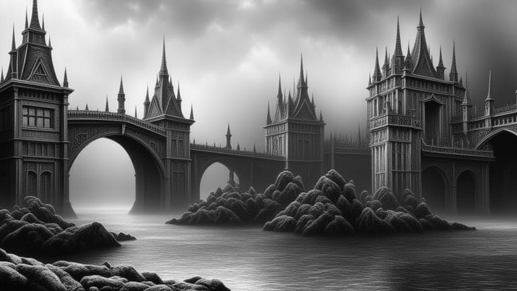Surreal Black and White Fantasy Landscape with Bridge