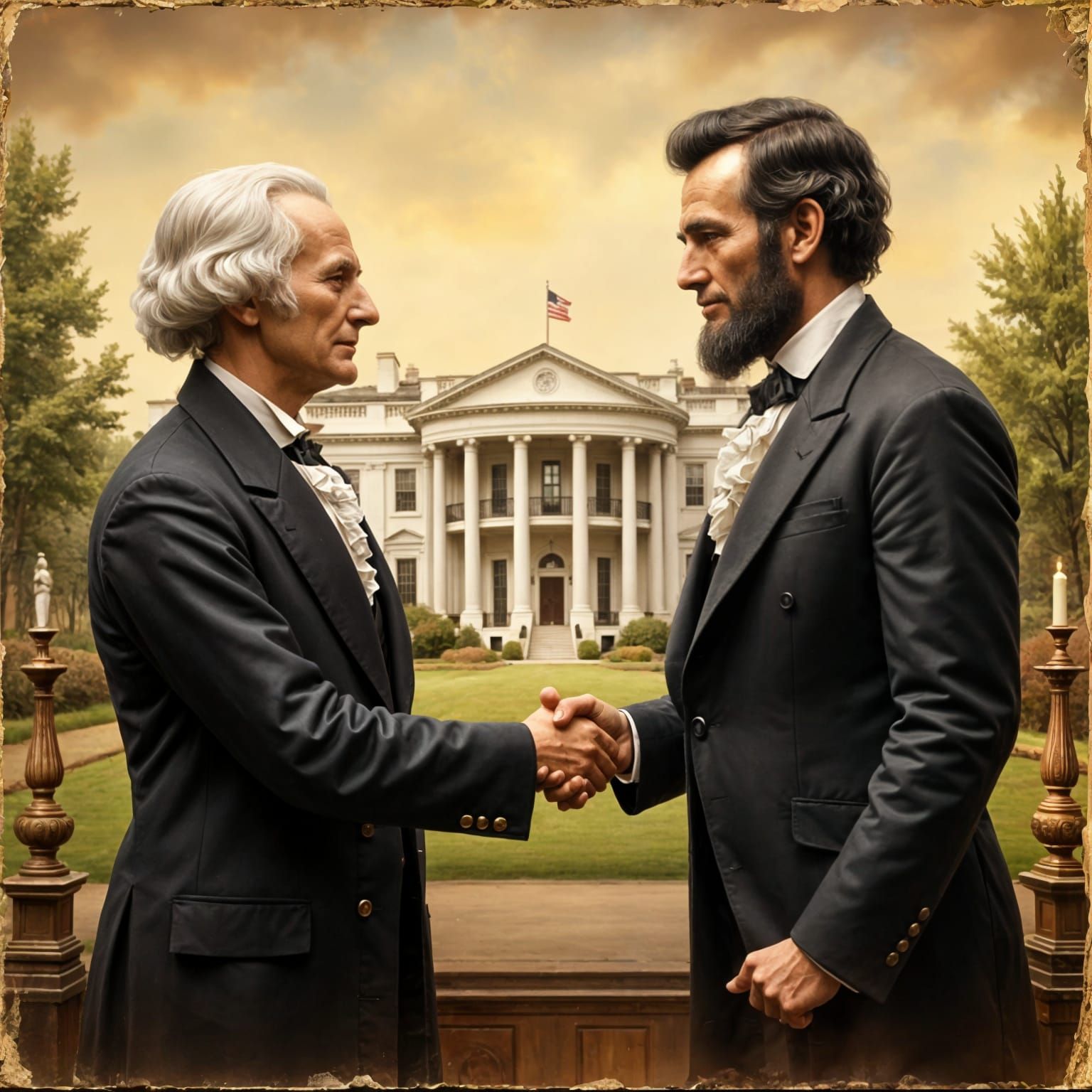 Presidents Washington and Lincoln Shake Hands: Oil Painting