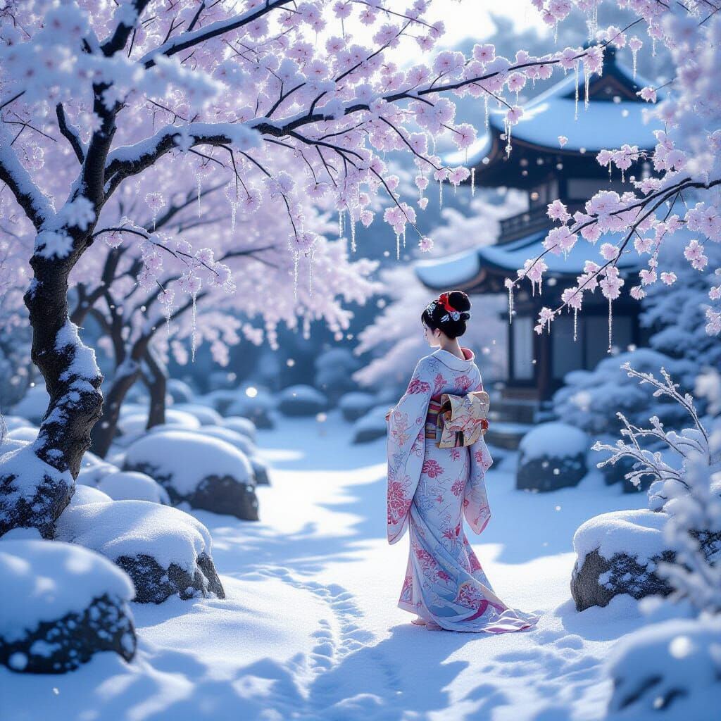 Ethereal Japanese Winter Garden with Ice Blossoms