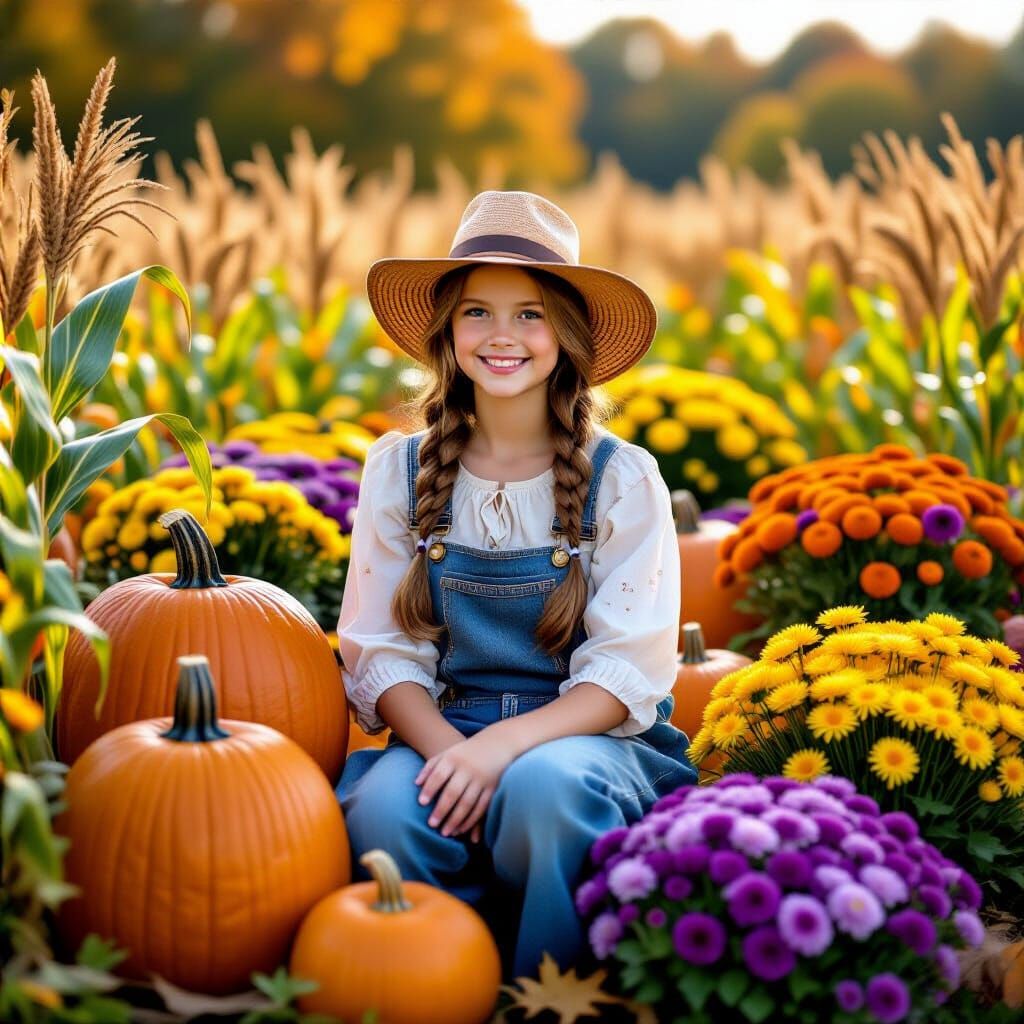 Farm Girl Amidst Autumn Bounty