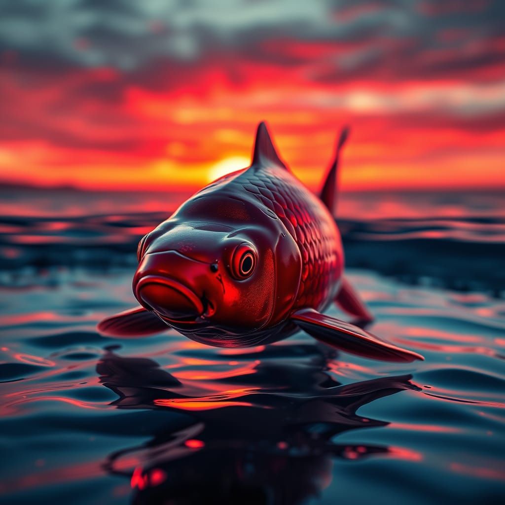 Dark Red Koi Fish at Fiery Sunset