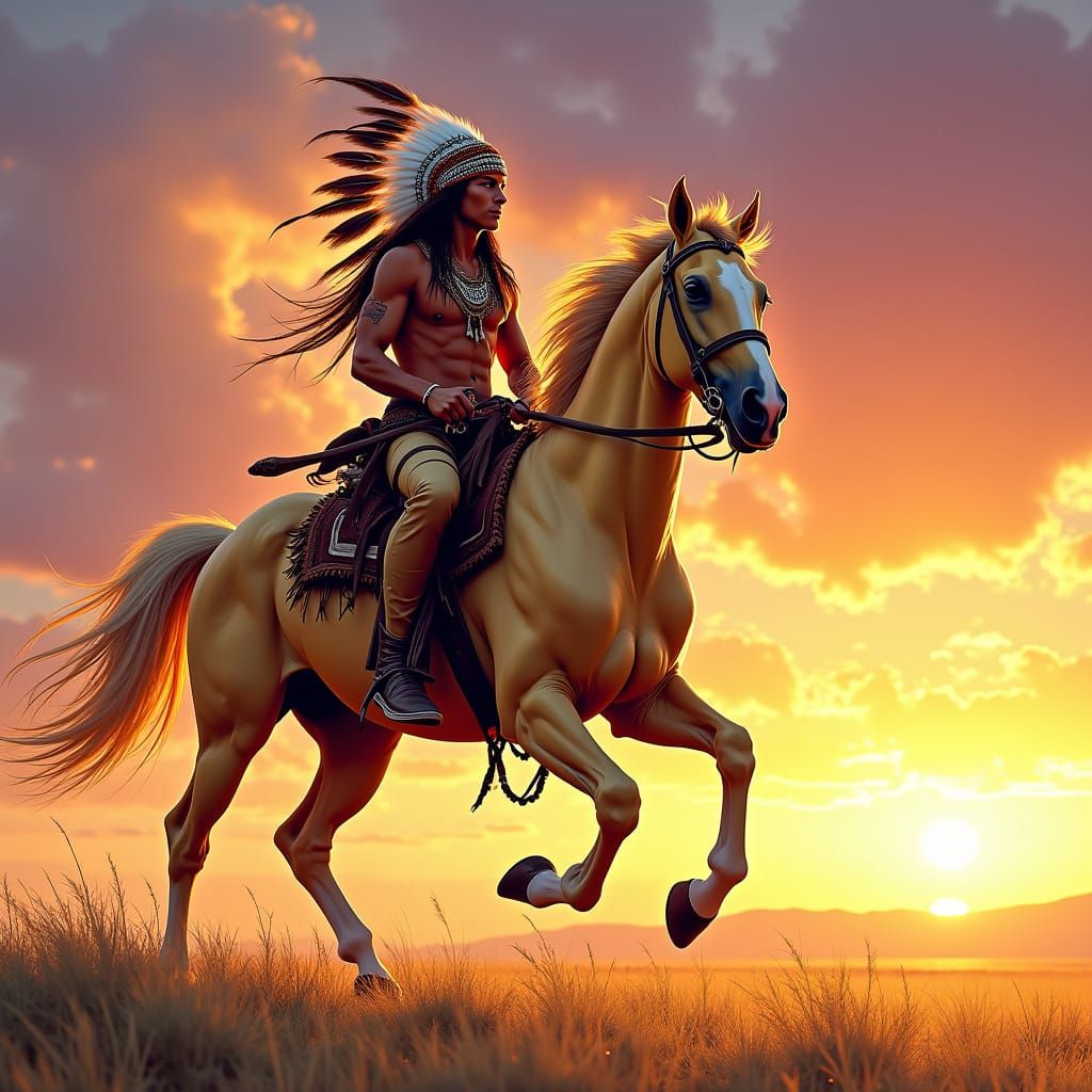 Native American Warrior Rides Majestic Palomino Across Sunse...