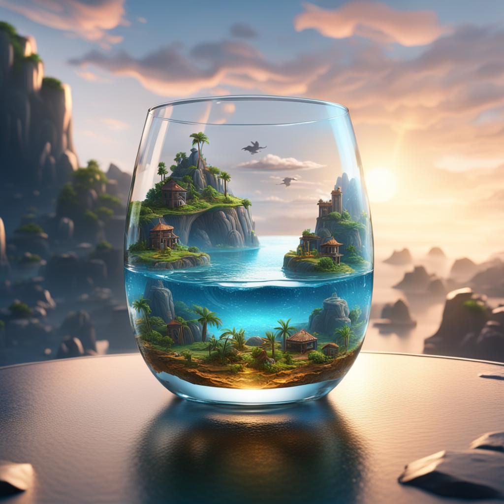 Island in Glass of Water: Detailed Matte Painting