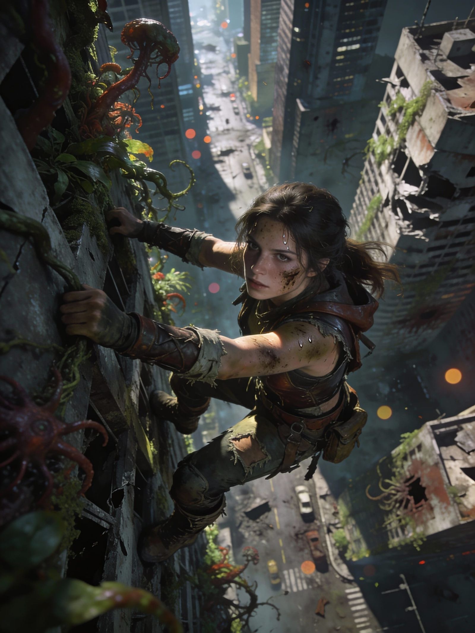 Adventurous Woman Climbs Overgrown Skyscraper in Post-Apocal...