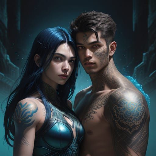Teen Couple with Glowing Tattoos in Ancient Ruins Comic Styl...