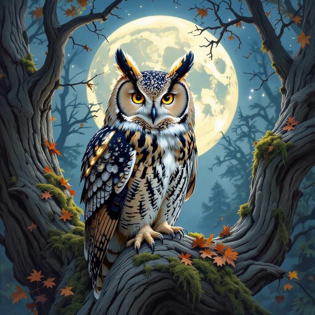 Wise Owl in Moonlit Forest: Classical Wildlife Art