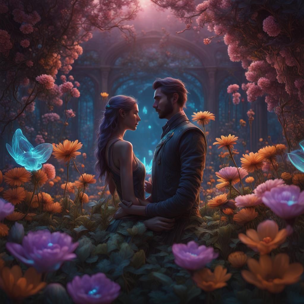 Bioluminescent Lovers in a Fantastical Garden