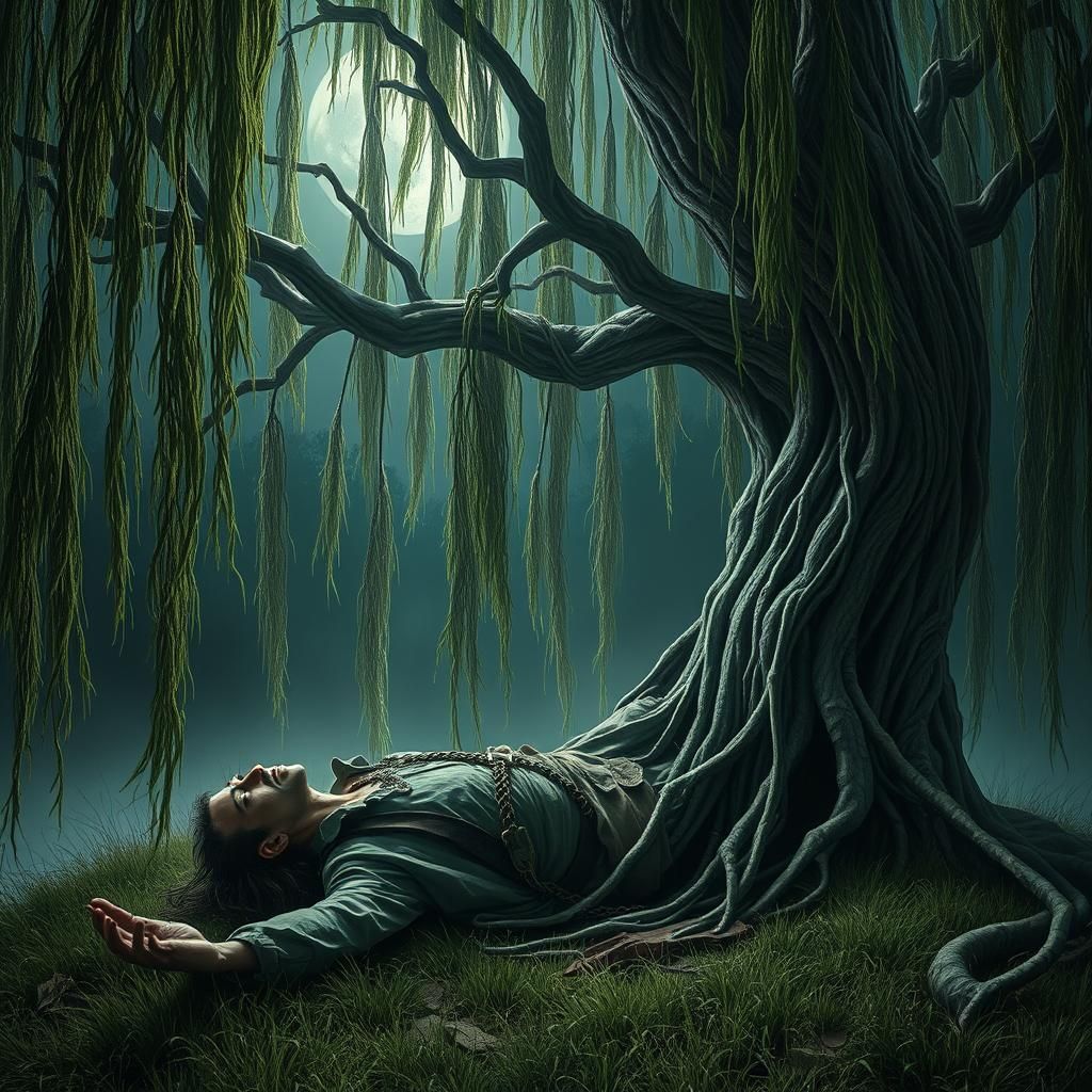 Mystical Weeping Willow Entangles a Human Figure