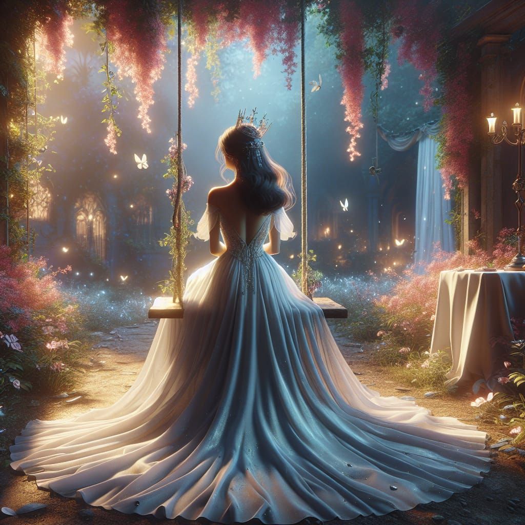 Elegant Princess on Rope Swing in Magical Garden