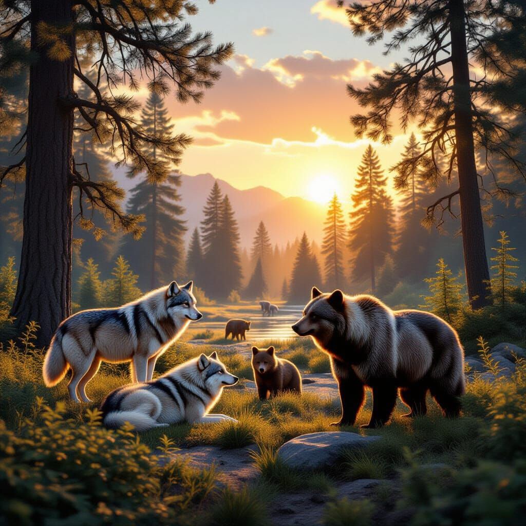 Wolves and Bears Enjoying Summer Sun in Woodland