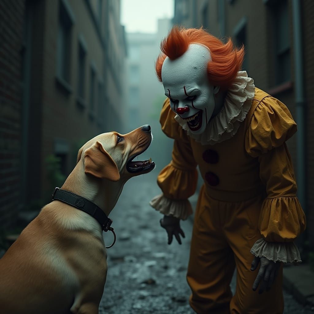 Dog Confronts Pennywise-esque Clown in Dark Alley
