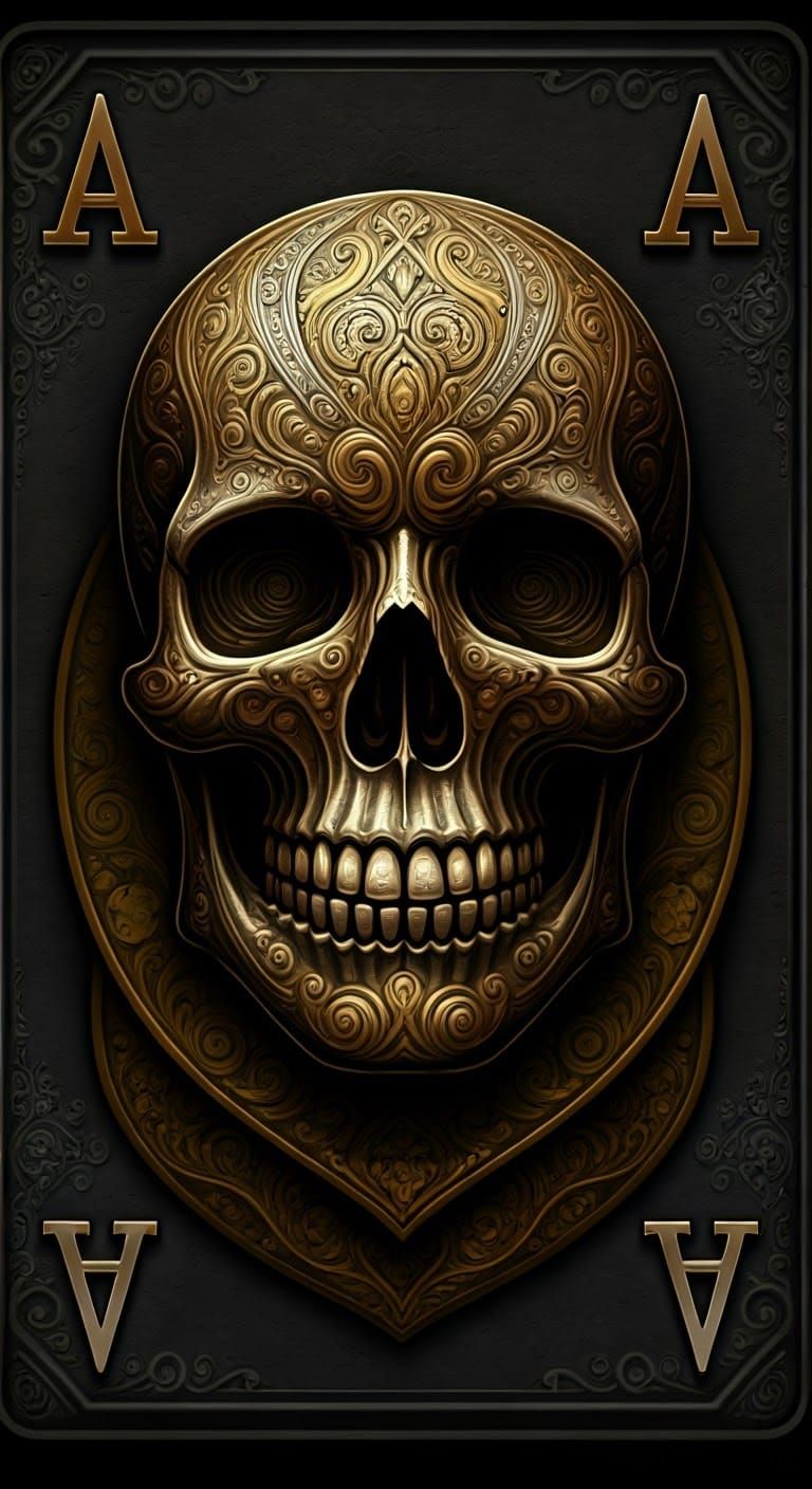 Stylized Metallic Ace Playing Card with Intricate Skull Desi...
