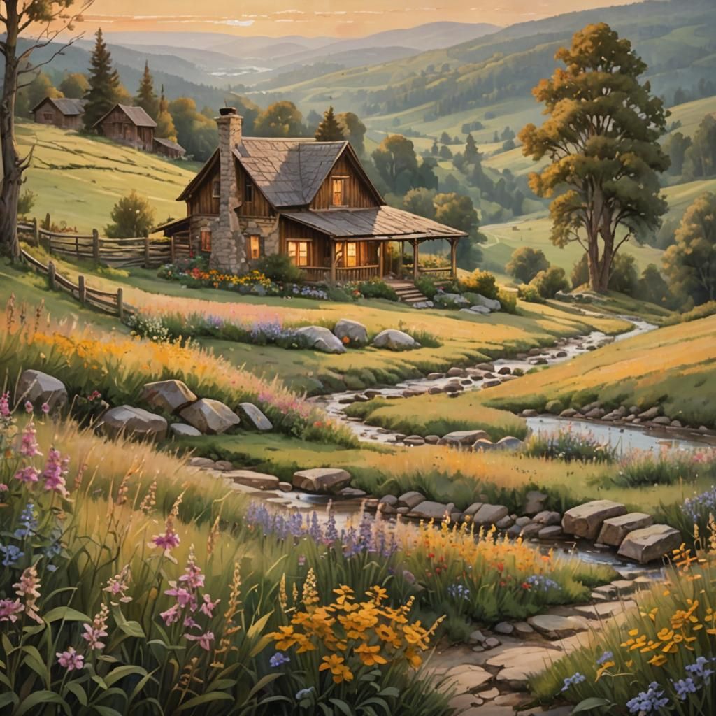 Rustic Cabin in Golden Light Countryside Landscape