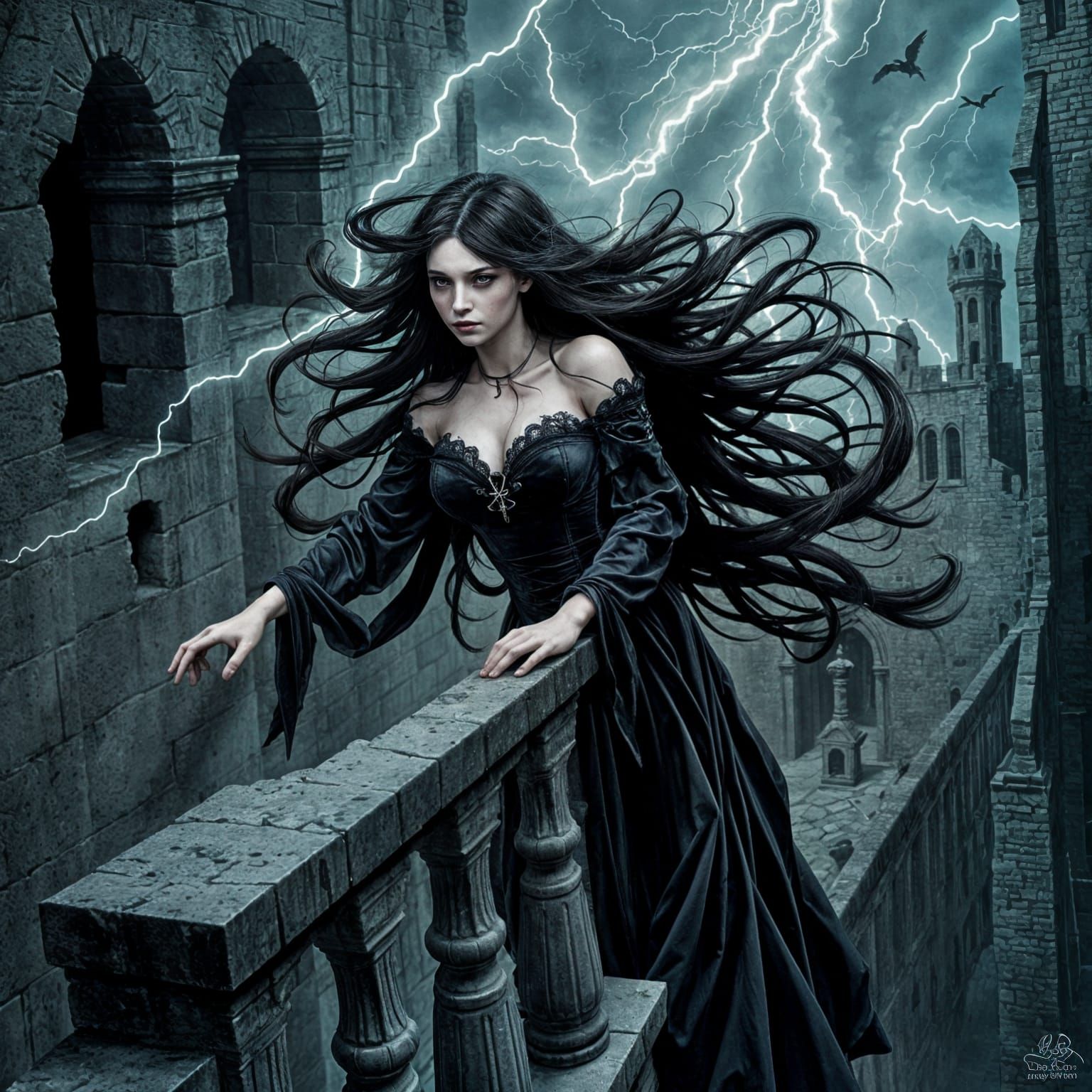 Ethereal Vampire Woman Illuminated by Thunderstorm