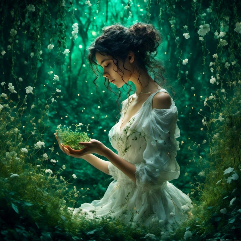 Mystic Forest Girl Picking Herbs