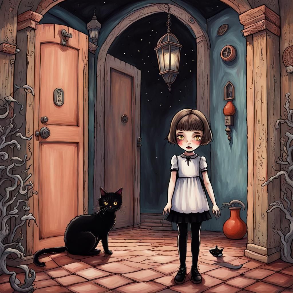 Fantasy Asylum: Girl and Cat in Gouache Style