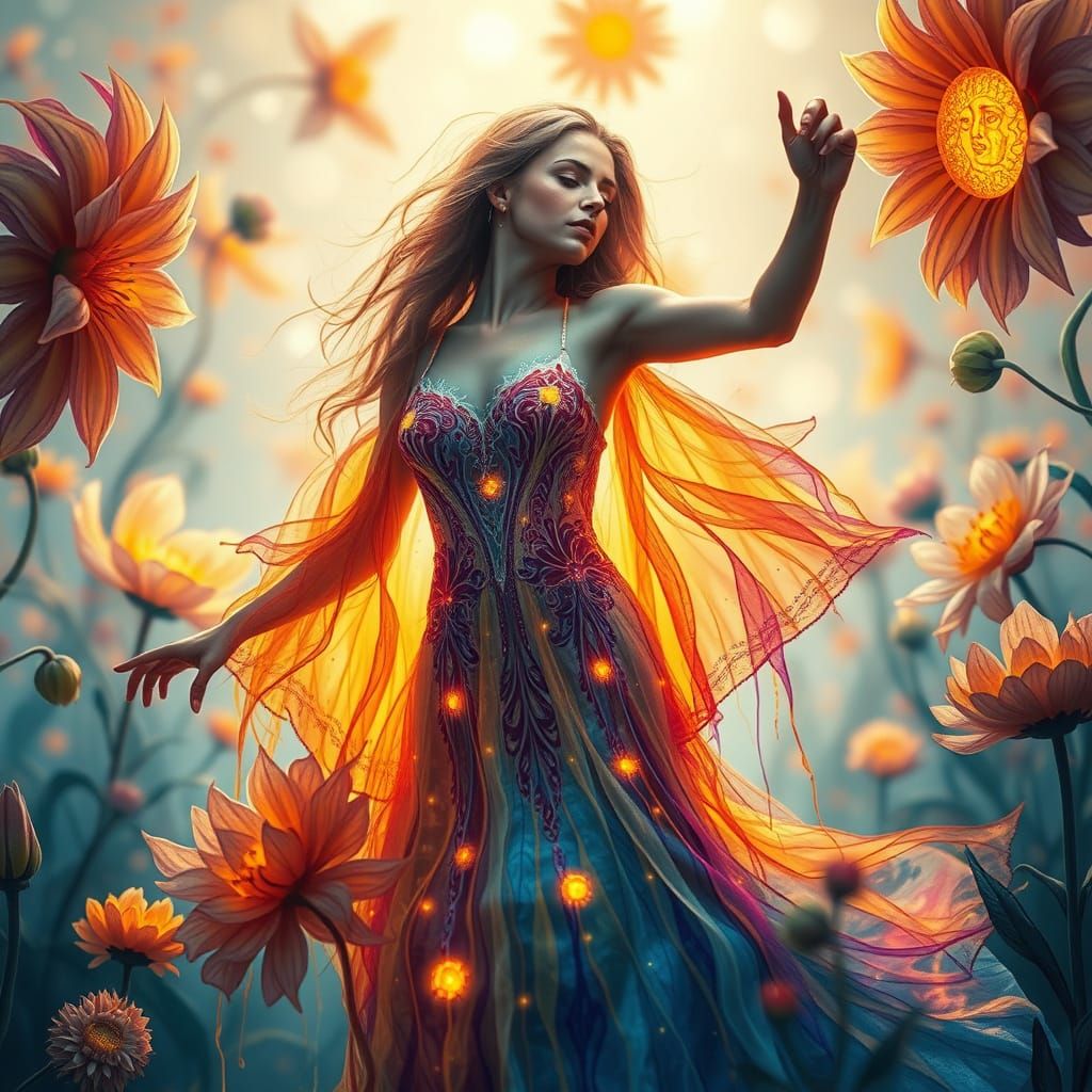 Vibrant, Surreal Painting of Woman Dancing Among Flowers in ...