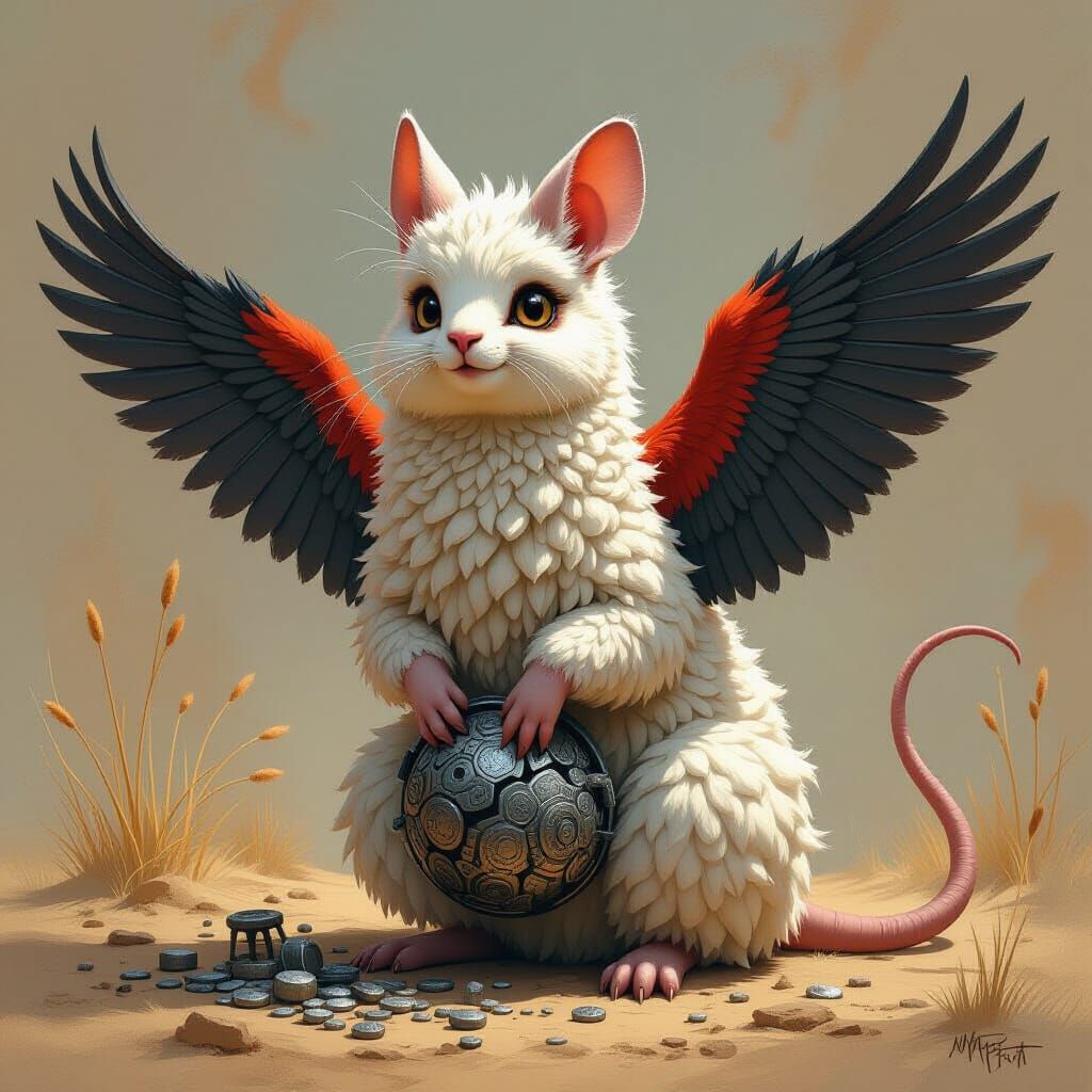 Bizarre Lamabird Catmouse Creature Eating Metal