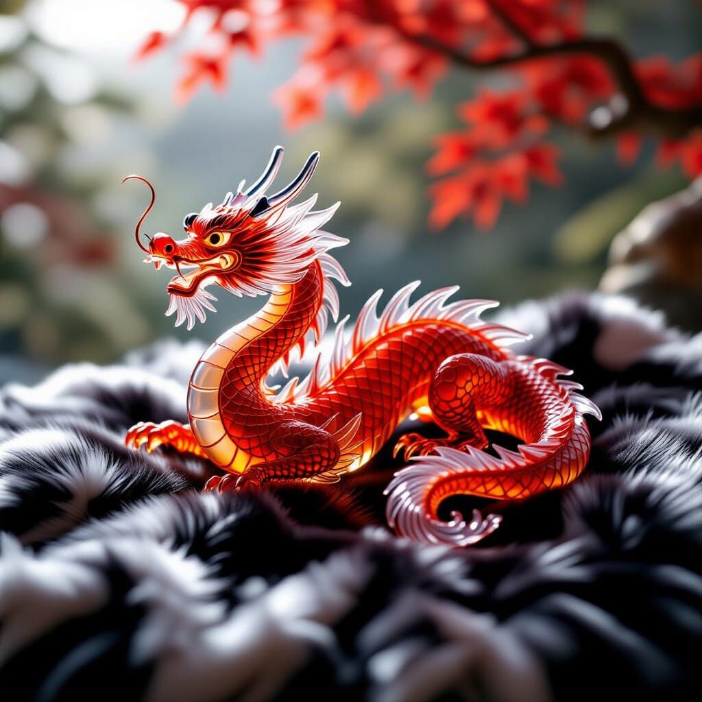 Glass Japanese Dragon Resting on Fur Throw