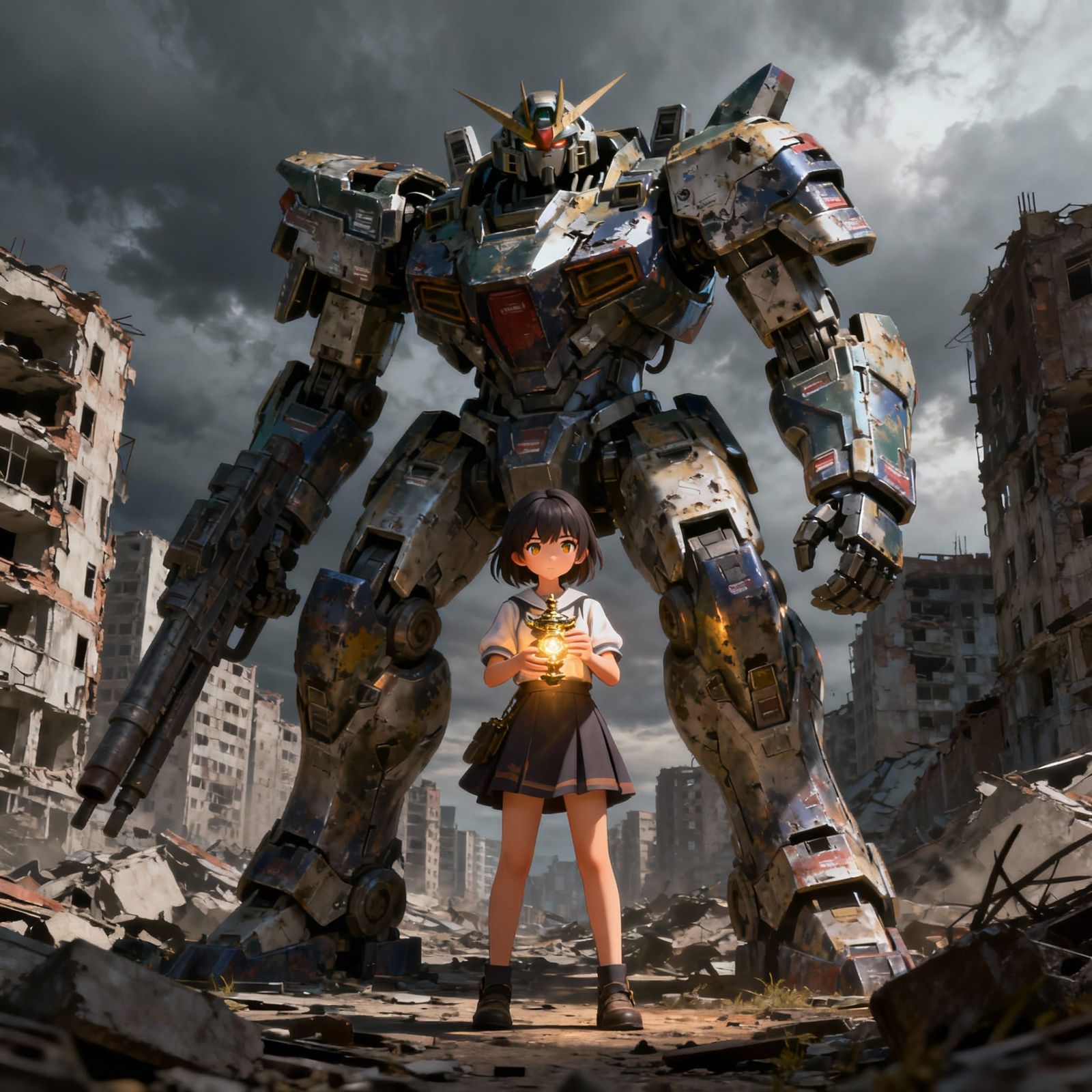 Mecha Protects Girl in Ruined City - 3D Anime Art