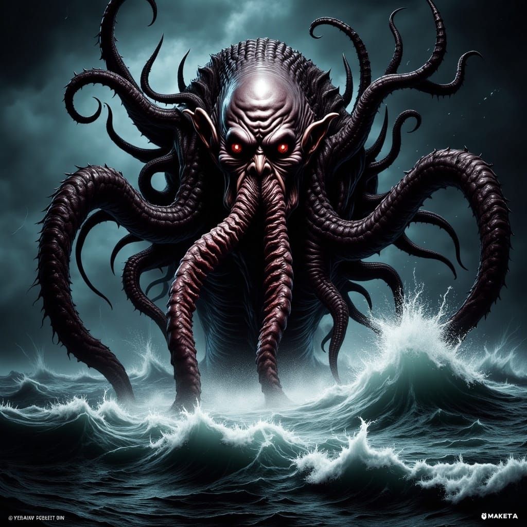 Cthulhu Emerges from Stormy Ocean at Night
