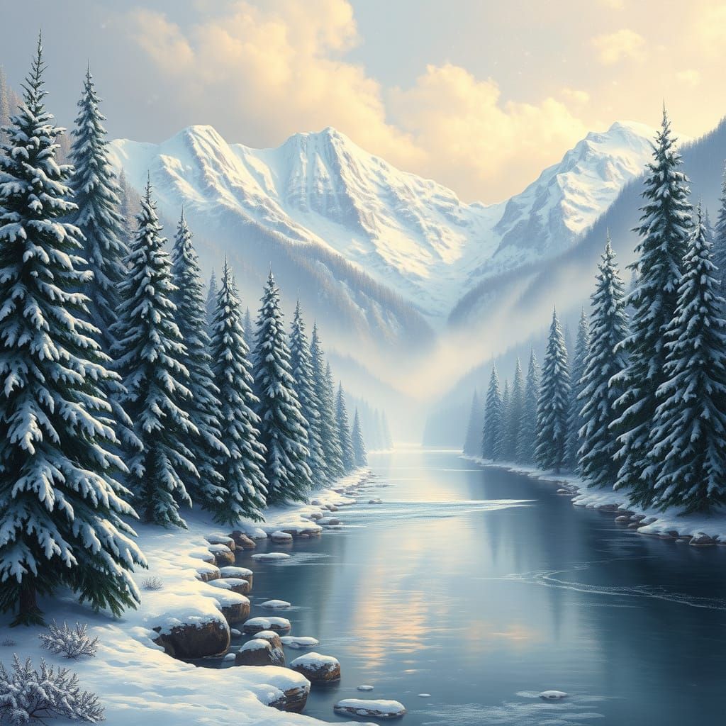 Snow-Kissed Winter Wonderland in Bierstadt-Inspired Style