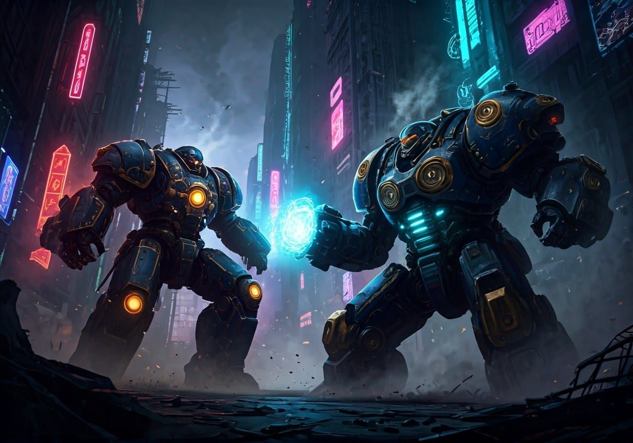 Epic Mecha Battle in Cyberpunk Cityscape