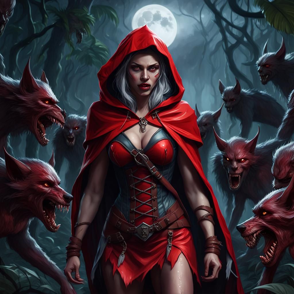 Red Riding Hood with demon elves in a rainforest