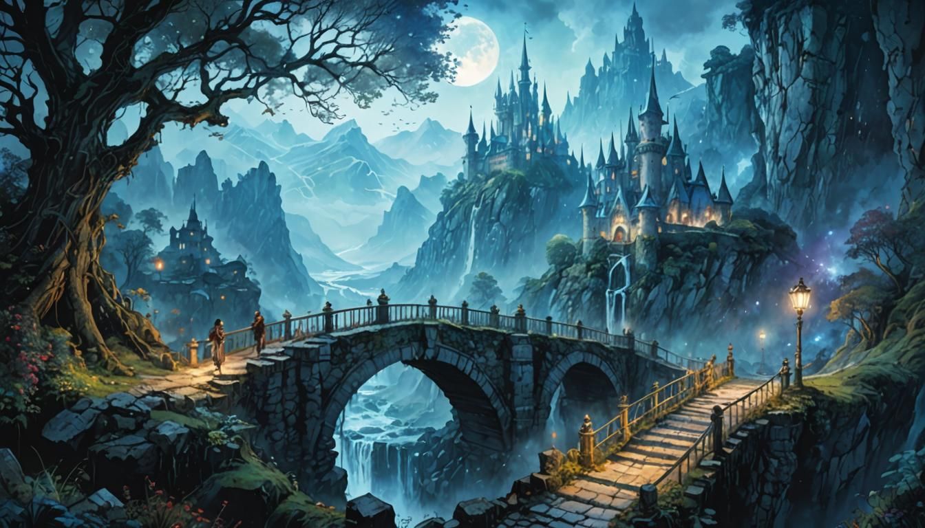 Magical Castle with Stone Bridge in Anime Style