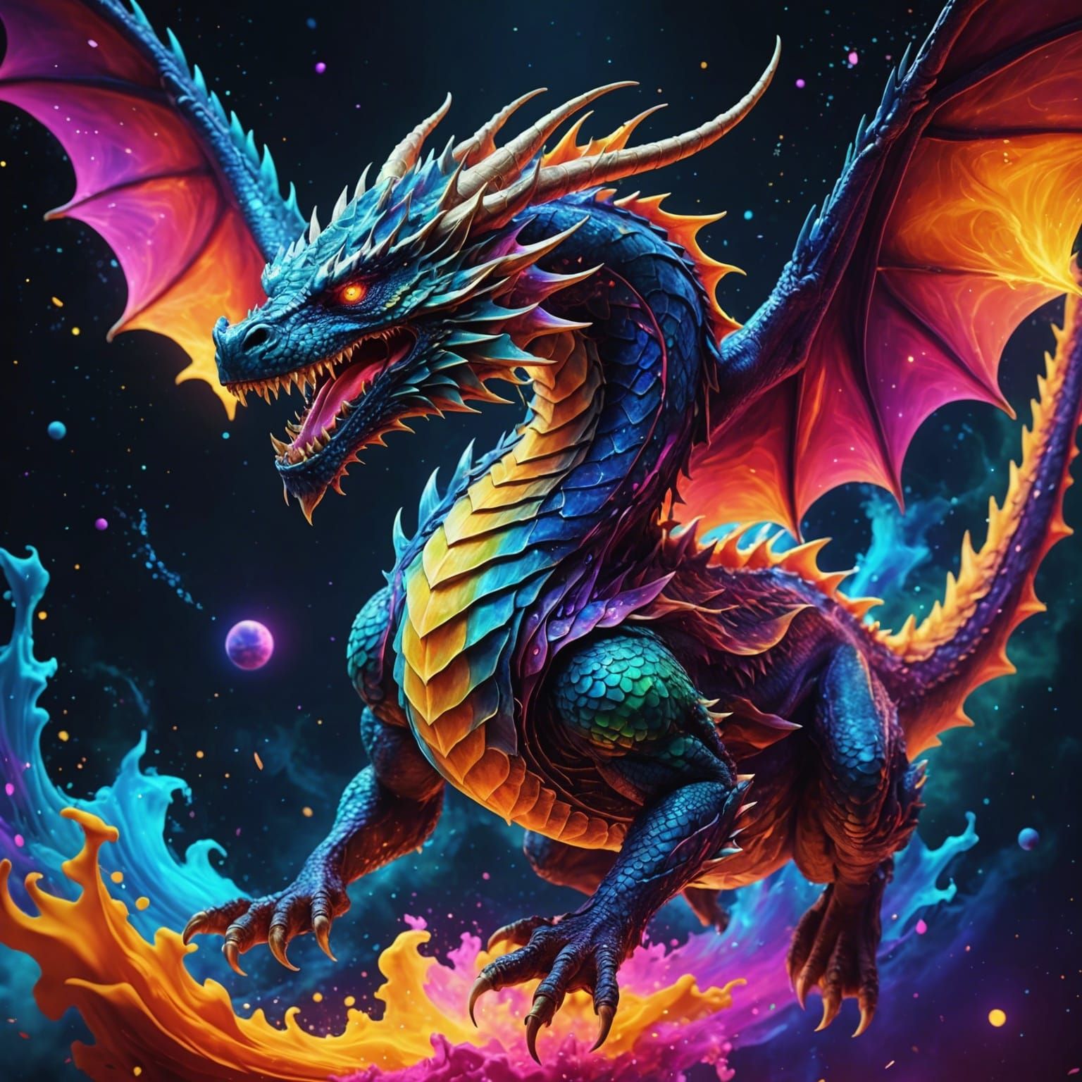 Colorful Dragon Flies Through Neon Space