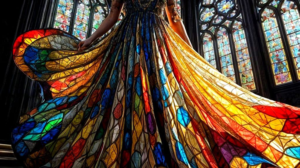 Ethereal Stained Glass Gown Depicting Cathedral Scene