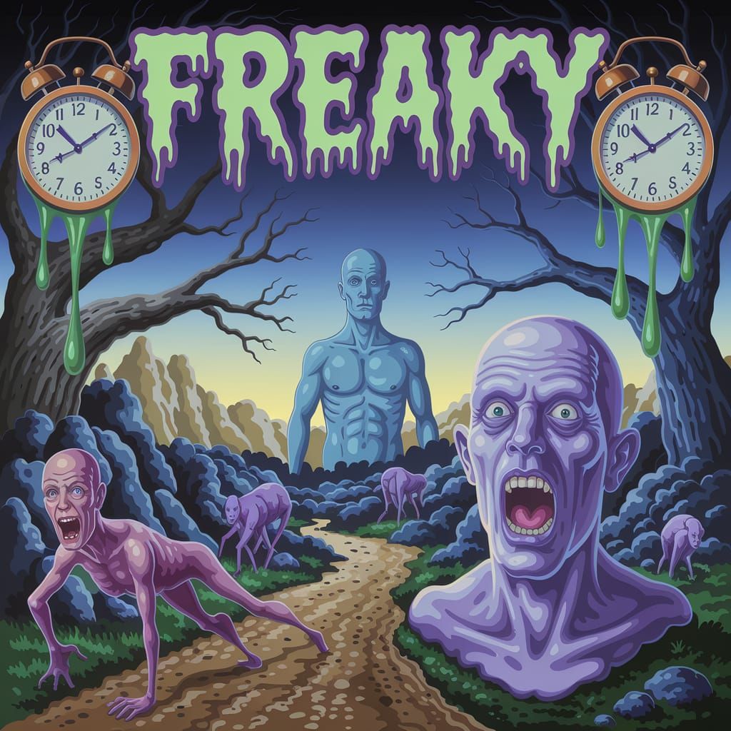 "FREAKY" is emblazoned in a surreal, triple-bold, twisted font at the top of the image. Below, a Salvador Dali-inspired ...