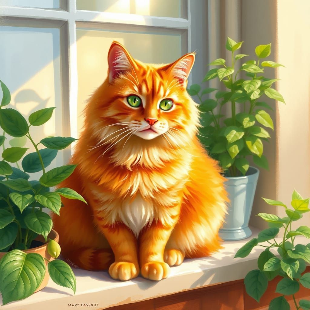 Ginger Cat in Impressionist Style on Windowsill