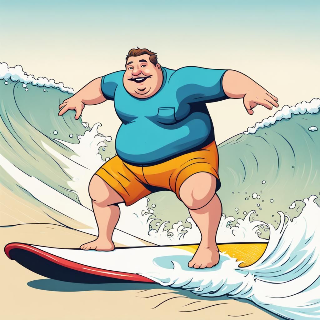 A Fat Guy Surfing a Wave