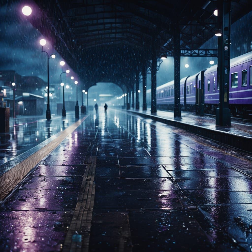 Gloomy Train Station at Rainy Evening in Film Noir Style
