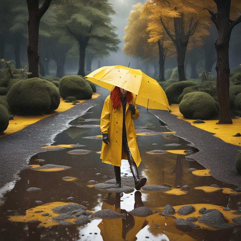 Woman in Yellow Raincoat on Rainy Day