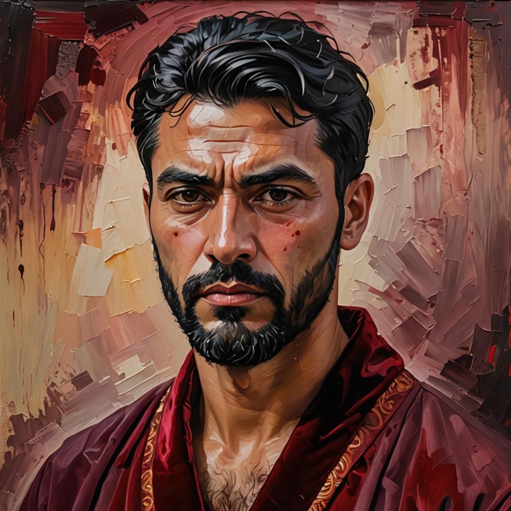 Handsome Man in Red Velvet Bathrobe: Impasto Gouache Paintin...