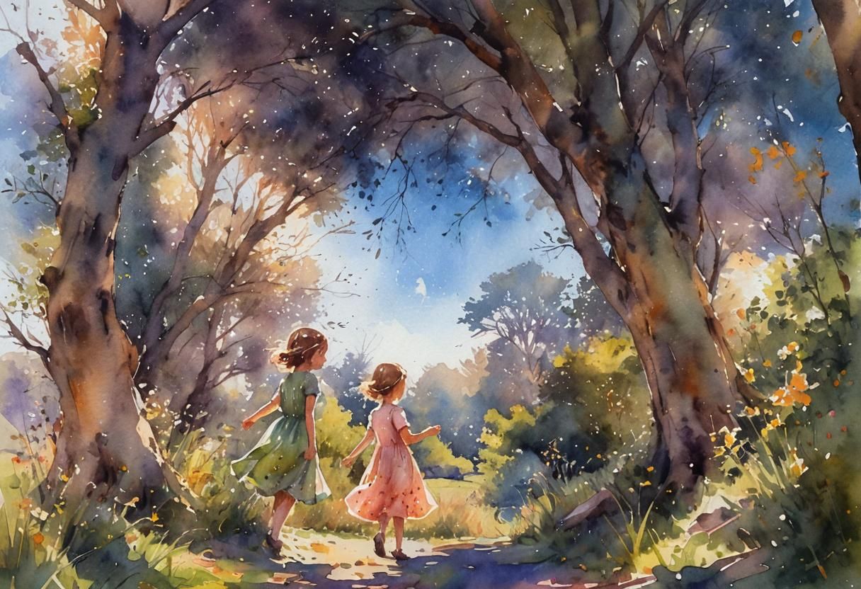 Girls Playing in Meadow: Vibrant Watercolor Painting